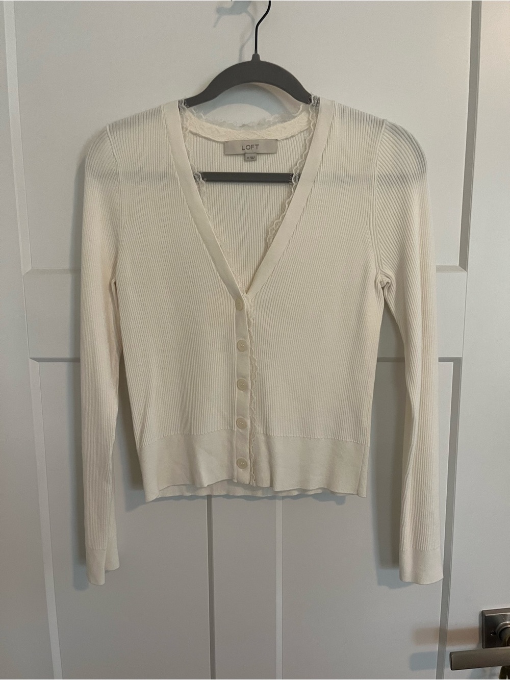 LOFT Cream Ribbed V-Neck Button Cardigan